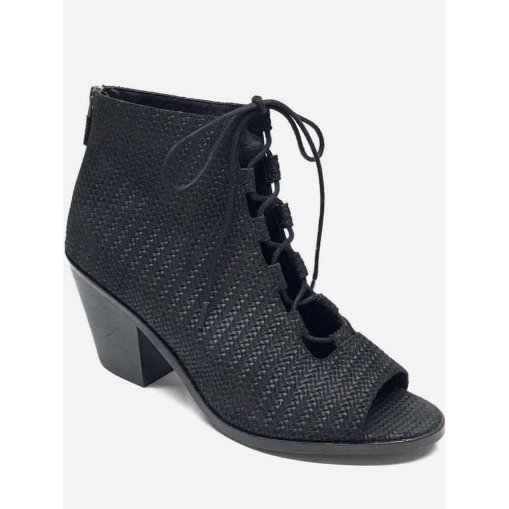 Eileen Fisher Slew Woven Black Leather Lace-Up Peep Toe Booties 7.5 Minimalist